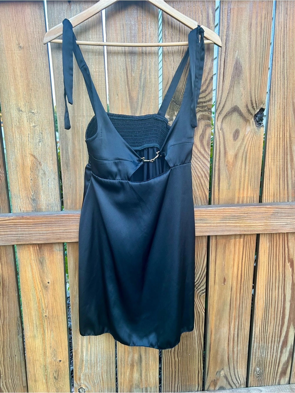 Satin Black Cutout Dress Gold Hardware Tie Shoulder Straps Sz.Large